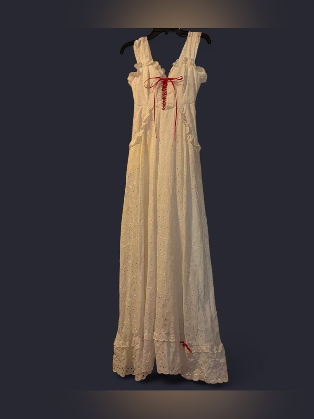 GUNNE SAX White Eyelet Maxi gown with Red Ribbon Detail